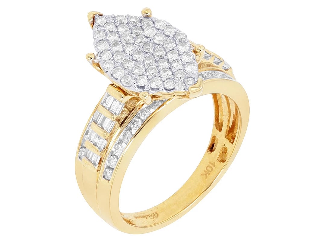 OVAL CLUSTER BAGUETTE DIAMOND RING: Oval Cluster Baguette Diamond Ring Brand: None Type: Ring Material: 10kYellow-White Gold, Main Stone/Creation Natural Color: Main Stone Color White Size: 7 US Accessories: None Accessories Notice: