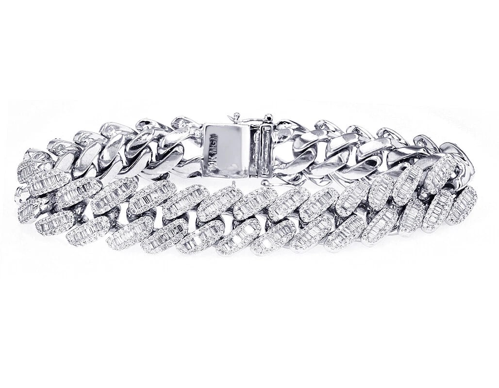 DIAMOND MIAMI CUBAN LINK BRACELET: Diamond Miami Cuban Link Bracelet Brand: None Type: Bracelet Material: 10K White Gold, Main Stone/Creation Natural Color: White Gold Size: Dimension 16MM 8" Accessories: None Accessories N
