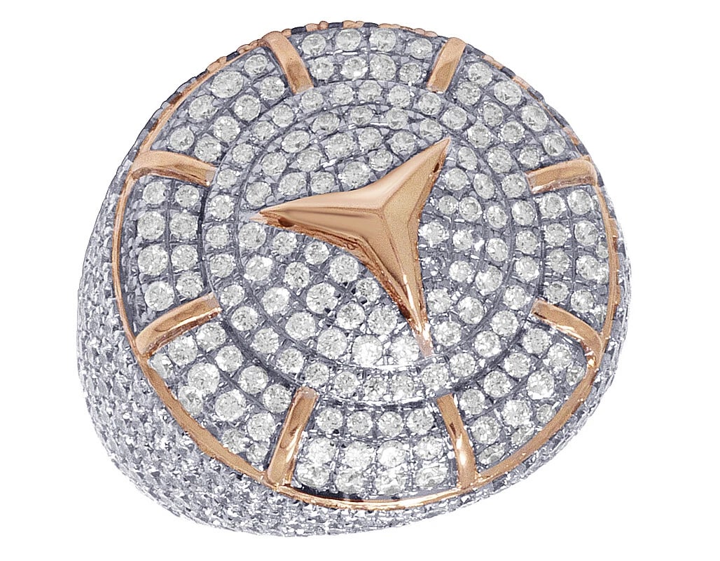 DIAMOND MERCEDES CAR LOGO PINKY RING: Diamond Mercedes Car Logo Pinky Ring Brand: None Type: Ring Material: 10K Rose Gold, Main Stone/Creation Natural Color: Rose Gold Size: 8.5 US Accessories: None Accessories Notice: When purchasing