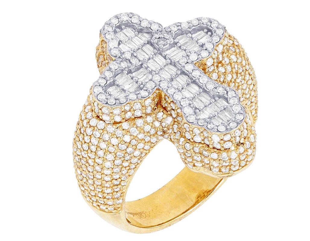 BAGUETTE CROSS DIAMOND 3D PINKY RING 10K YELLOW GOLD: Baguette Cross Diamond 3D Pinky Ring 10K Yellow Gold Brand: None Type: Ring Material: 10K Yellow Gold, Main Stone/Creation Natural Color: Yellow Gold Size: 10 US Accessories: None Accessories Notice: