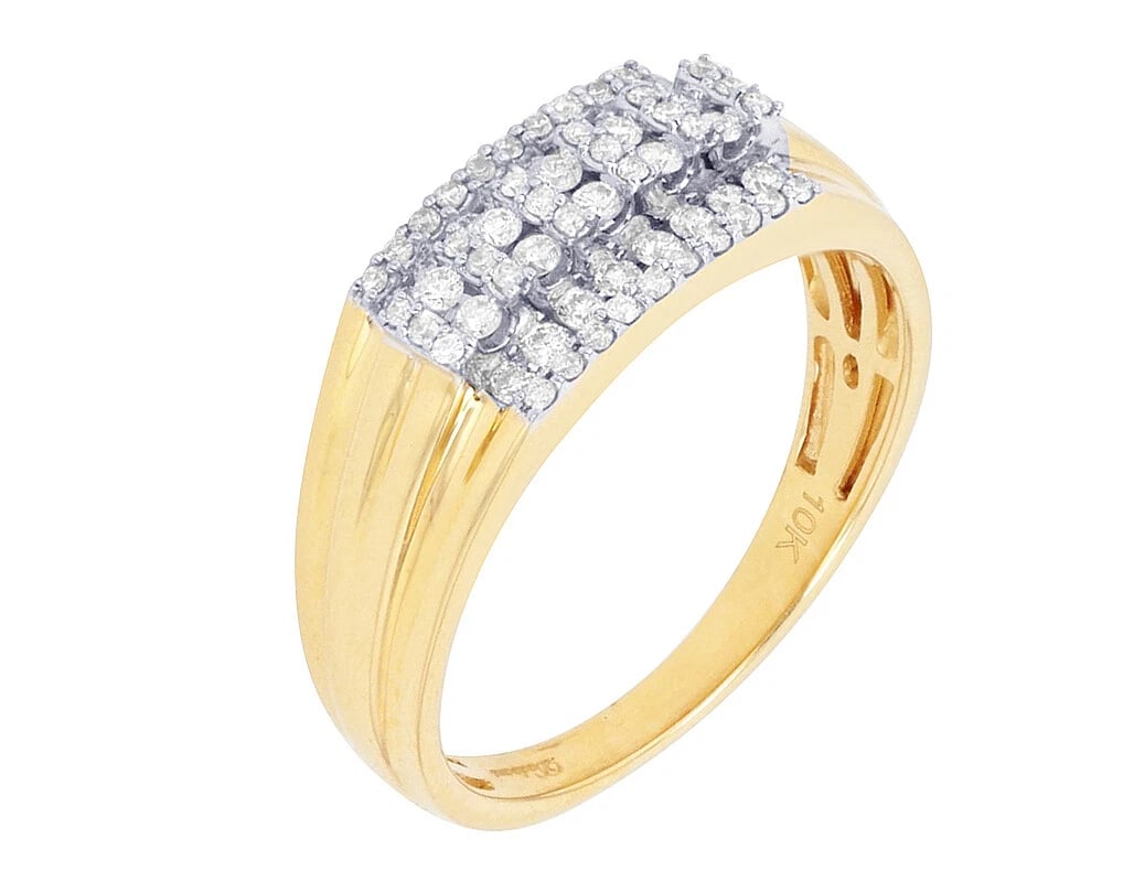 MULTIPLE ROW CT DIAMOND PINKY RING: Multiple Row CT Diamond Pinky Ring Brand: None Type: Ring Material: 10K Yellow Gold, Main Stone/Creation Natural Color: Yellow Gold Size: 10 US Accessories: None Accessories Notice: When purchasing
