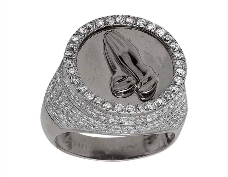 MENS 10K WHITE GOLD PRAYING HAND PAVE SET GENUINE DIAMOND RING: Mens 10K White Gold Praying Hand Pave Set Genuine Diamond Ring Brand: None Type: Ring Material: 10K White Gold, Main Stone/Creation Natural Color: White Gold Size: 10 US Accessories: None Accessories