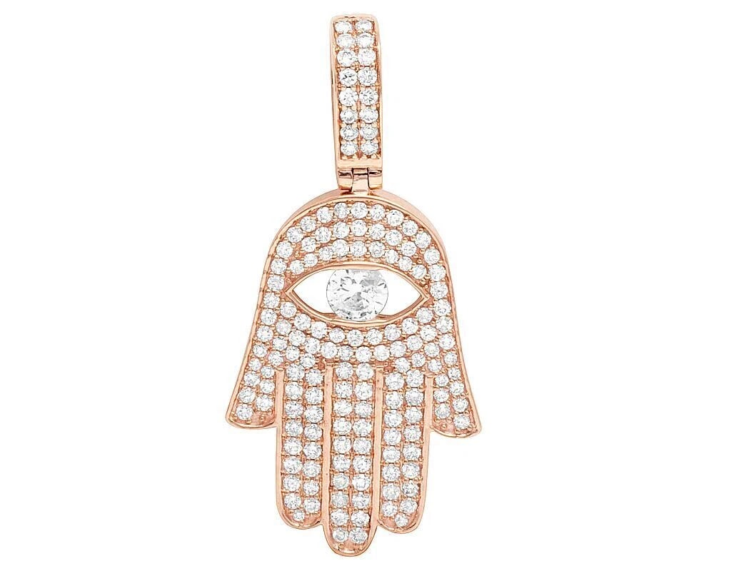 14K ROSE GOLD DIAMOND SOLITAIRE EVIL EYE HAMSA HAND PENDANT: 14K Rose Gold Diamond Solitaire Evil Eye Hamsa Hand Pendant Brand: None Type: Necklace Material: 14K Rose Gold, Main Stone/Creation Natural Color: Rose Gold Size: Dimension 1.75" Accessories: None