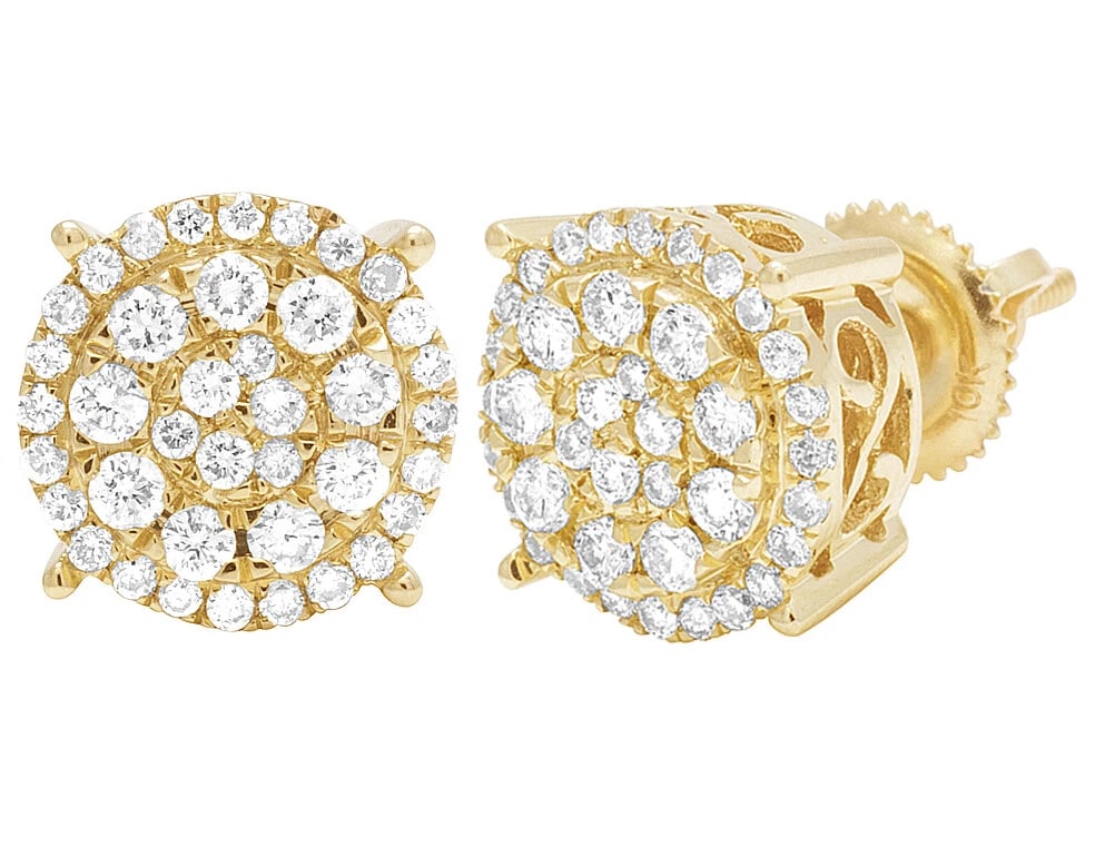 UNISEX 10K YELLOW GOLD ROUND CLUSTER HALO DIAMOND STUD EARRING: Unisex 10K Yellow Gold Round Cluster Halo Diamond Stud Earring Brand: None Type: Earring Material: 10K Yellow Gold, Main Stone/Creation Natural Color: Yellow Gold Size: Dimension 13mm Accessories: