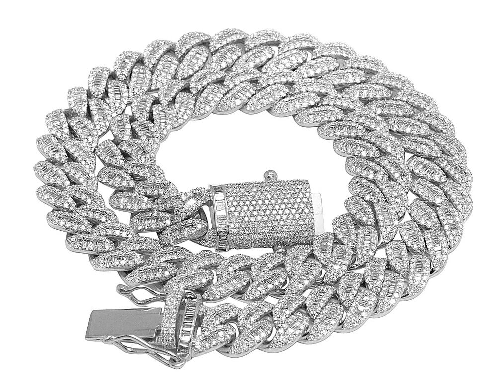 BAGUETTE DIAMOND CUBAN CHAIN NECKLACE 10K WHITE GOLD: Baguette Diamond Cuban Chain Necklace 10K White Gold Brand: None Type: Necklace Material: 10K White Gold, Main Stone/Creation Natural Color: White Gold Size: Length 24 inch Width 14MM Accessories: