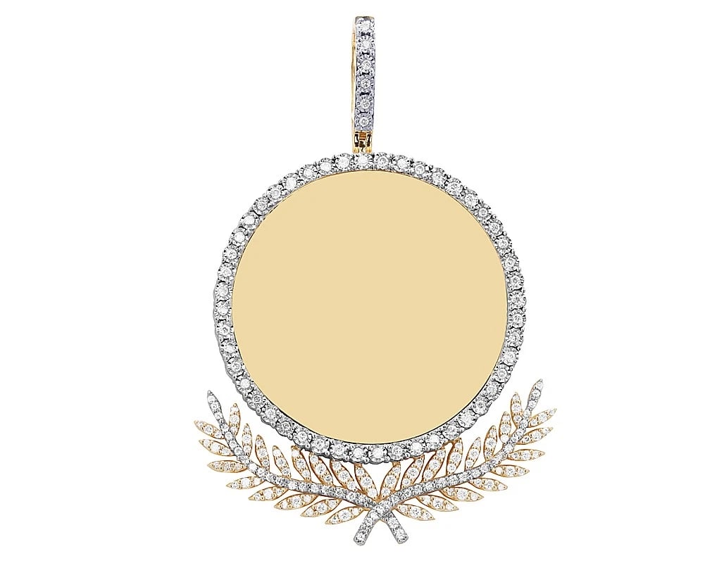 LAUREL FRAME DIAMOND ROUND PENDANT 10K YELLOW & WHITE GOLD: Laurel Frame Diamond Round Pendant 10K Yellow & White Gold Brand: None Type: Pendant Material: 10K Yellow & White Gold, Main Stone/Creation Natural Color: Main Stone Color White Size: Dimension Length