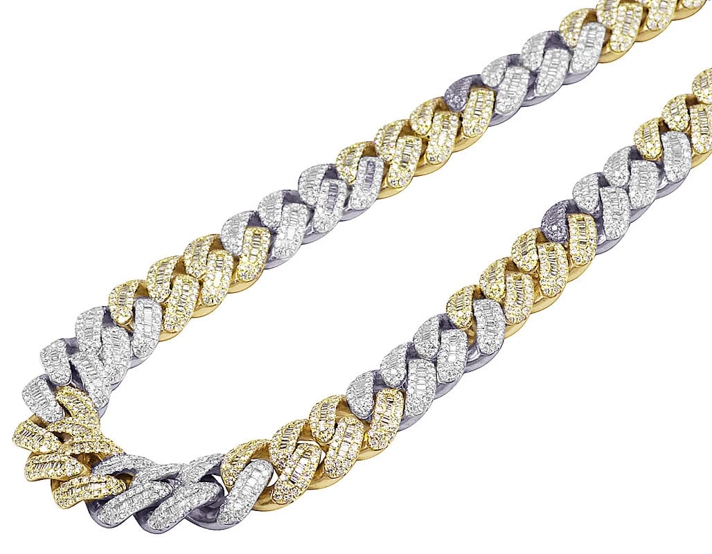 BAGUETTE DIAMOND MIAMI CUBAN CHAIN 10K YELLOW-WHITE GOLD: Baguette Diamond Miami Cuban Chain 10K Yellow-White Gold Brand: None Type: Necklace Material: 10K Yellow-White Gold, Main Stone/Creation Natural Color: Yellow-White Gold Size: Length 24 inch Width 12M