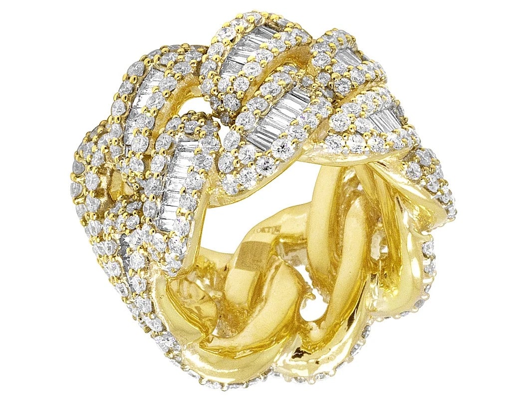 BAGUETTE DIAMOND CUBAN BAND 10K YELLOW GOLD: Baguette Diamond Cuban Band 10K Yellow Gold Brand: Outlet Type: Ring Material: 10K Yellow Gold, Main Stone/Creation Natural Color: Yellow Gold Size: 9 US Accessories: None Accessories Noti