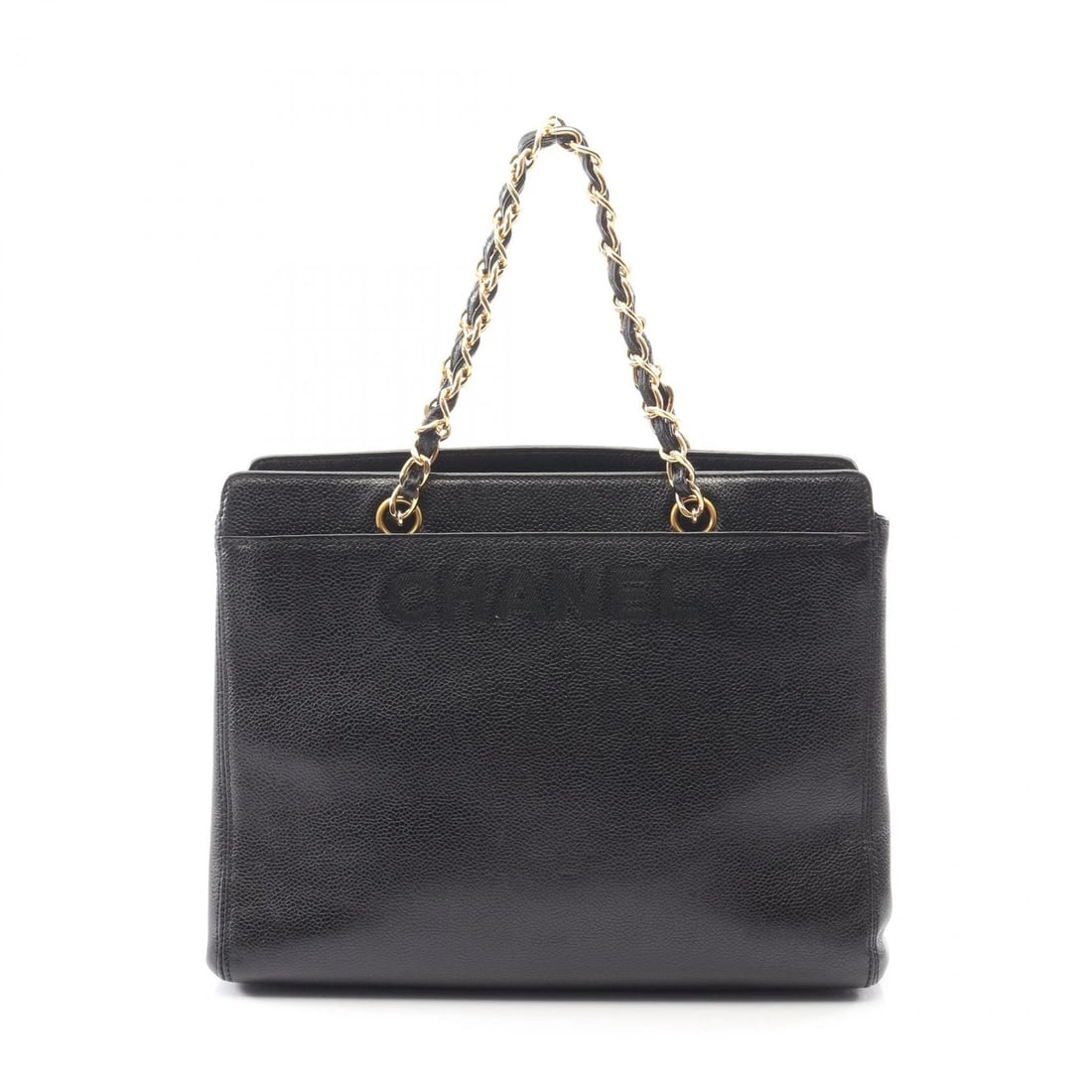 CHANEL CHAIN TOTE HANDBAG LEATHER: CHANEL chain tote Handbag leather Brand: CHANEL Type: Handbag Material: leather × Calfskin (cowhide) Color: Black??ish colors Size: H:24cm x W:28.5cm x D:10cm (H:9.4" x W:11.2" x D:3.9") Accessori