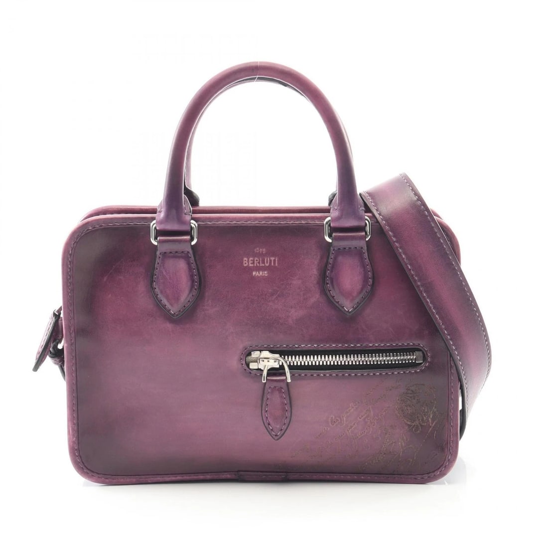 BERLUTI UNJOUR GULLIVER CALLIGRAPHY CROSSBODY SHOULDER HANDBAG: Berluti Unjour Gulliver Calligraphy crossbody shoulder Handbag Brand: Berluti Type: Handbag Material: leather Color: Purple??ish colors Size: H:17cm x W:23.5cm x D:5cm (H:6.7" x W:9.3" x D:2.0") A