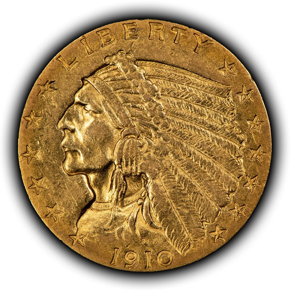 1910 G$2.50 INDIAN HEAD GOLD QUARTER EAGLE: 1910 G$2.50 Indian Head Gold Quarter Eagle Brand/Mint: U.S. Mint Year: 1910 Fineness: 0.9 Country of Origin: United States Accessories: None Accessories Notice: When purchasing pre-owned goods, ple
