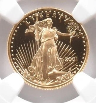 2001-W $5 AMERICAN GOLD EAGLE MERCANTI: 2001-W $5 American Gold Eagle Mercanti Brand/Mint: None Year: 2001 Fineness: None Denomination: $5 Country of Origin: United States Accessories: None Accessories Notice: When purchasing pr