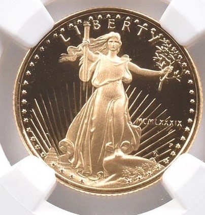 1989-P $10 AMERICAN GOLD EAGLE: 1989-P $10 American Gold Eagle Brand/Mint: None Year: 1989 Fineness: None Denomination: $10 Country of Origin: United States Accessories: None Accessories Notice: When purchasing pre-owned