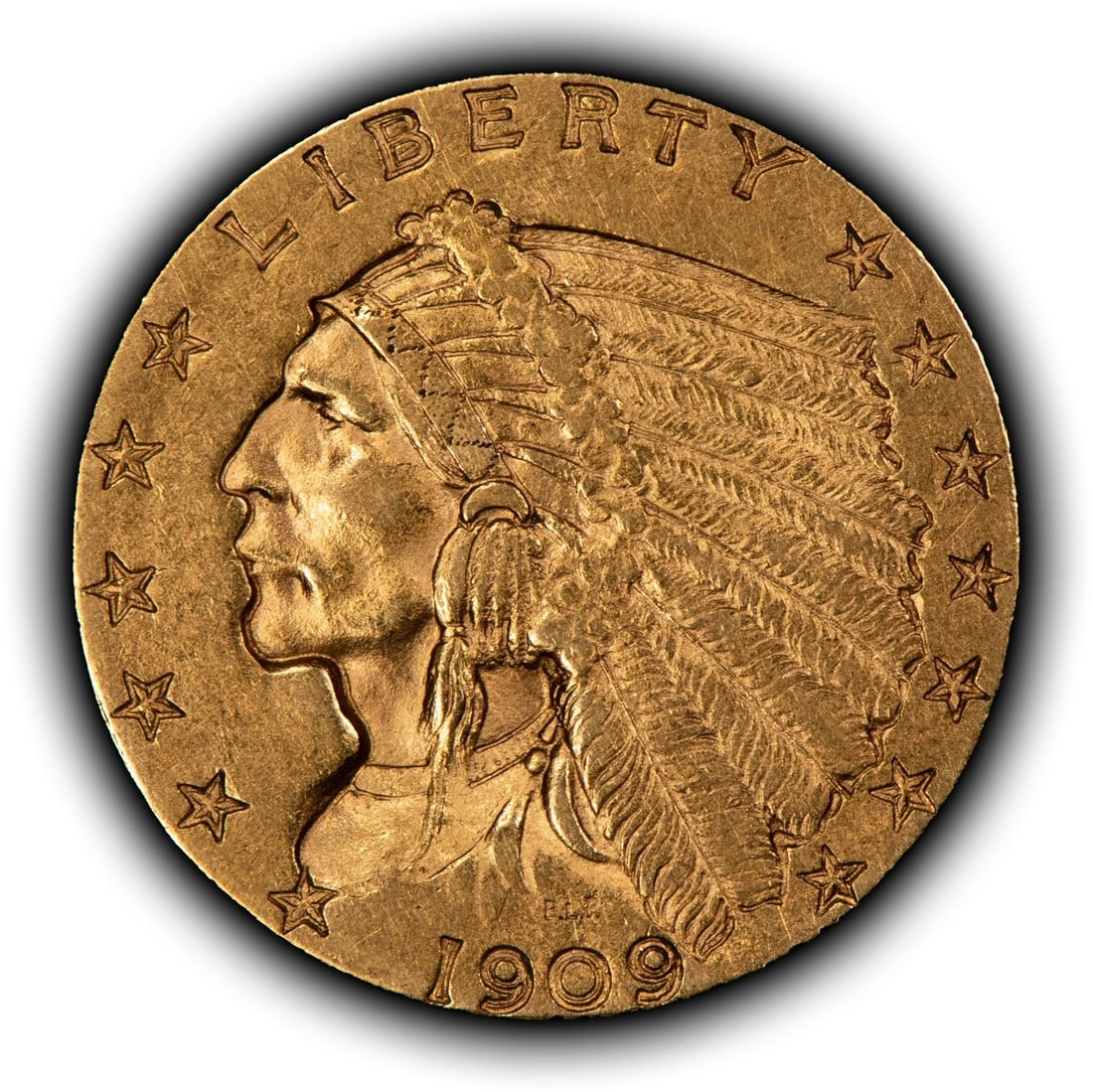 1909 G$2.50 INDIAN HEAD GOLD QUARTER EAGLE: 1909 G$2.50 Indian Head Gold Quarter Eagle Brand/Mint: U.S. Mint Year: 1909 Fineness: 0.9 Country of Origin: United States Accessories: None Accessories Notice: When purchasing pre-owned goods, ple