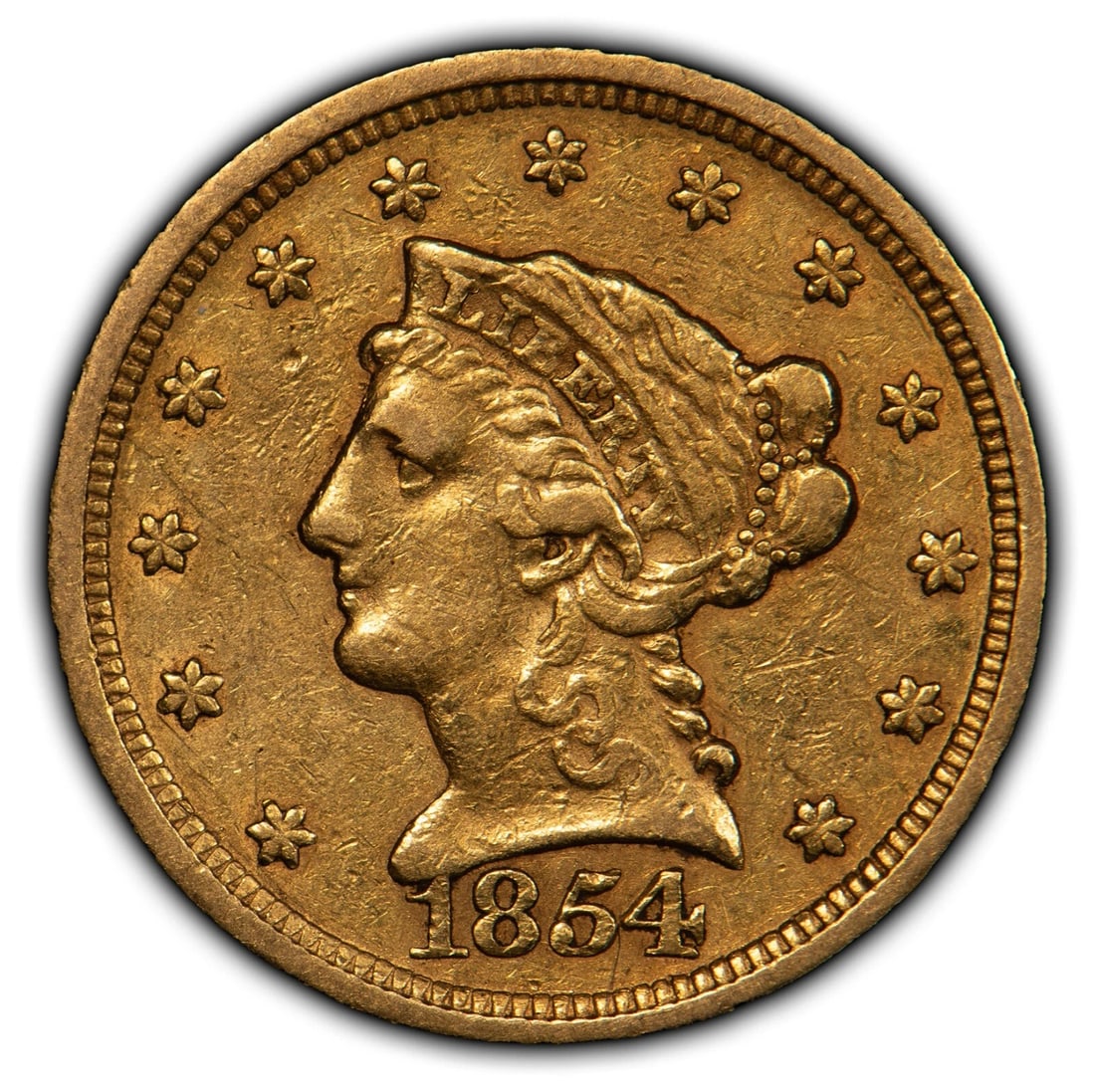 1854 G$2.50 LIBERTY HEAD GOLD QUARTER EAGLE: 1854 G$2.50 Liberty Head Gold Quarter Eagle Brand/Mint: U.S. Mint Year: 1854 Fineness: 0.9 Country of Origin: United States Accessories: None Accessories Notice: When purchasing pre-owned goods, pl