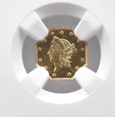 1854 OCTAGONAL LIBERTY GOLD 50 CENTS: 1854 Octagonal Liberty Gold 50 Cents Brand/Mint: None Year: 1854 Fineness: None Denomination: 50C Country of Origin: United States Accessories: None Accessories Notice: When purchasing pre