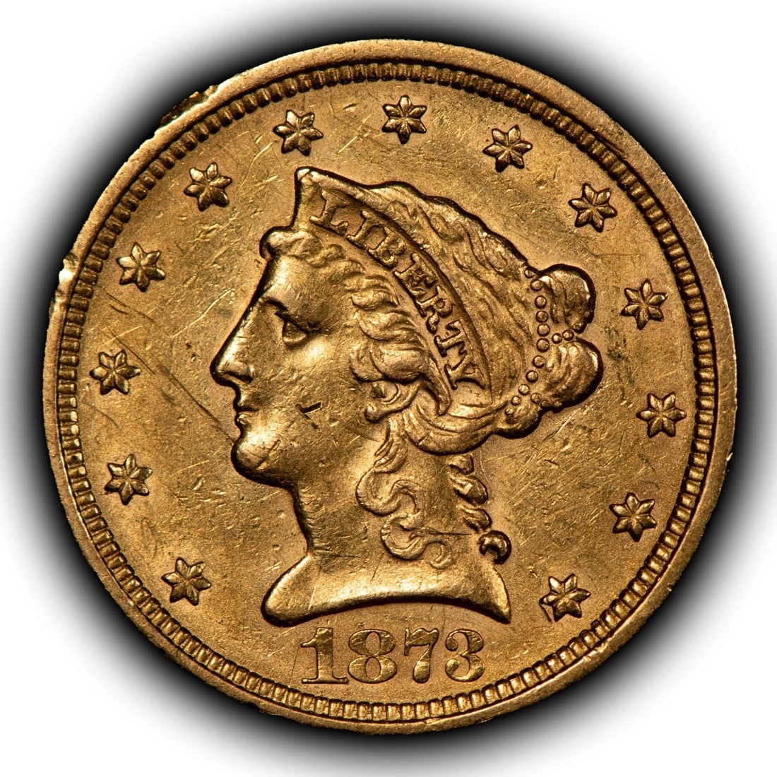 1873 G$2.50 LIBERTY HEAD GOLD QUARTER EAGLE: 1873 G$2.50 Liberty Head Gold Quarter Eagle Brand/Mint: U.S. Mint Year: 1873 Fineness: 0.9 Country of Origin: United States Accessories: None Accessories Notice: When purchasing pre-owned goods, pl
