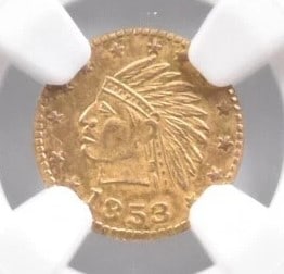 1853-DATED CALIFORNIA GOLD TOKEN INDIAN: 1853-Dated California Gold Token Indian Brand/Mint: None Year: 1853 Fineness: None Denomination: None Country of Origin: United States Accessories: None Accessories Notice: When purchasing