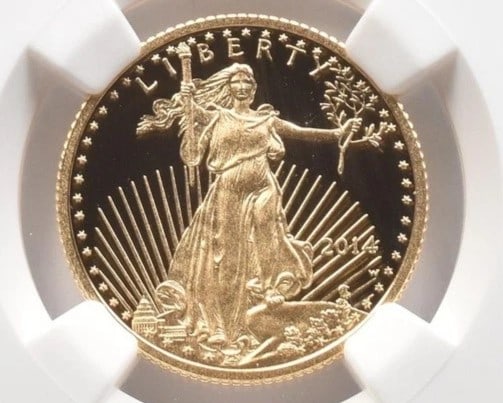 2014-W $10 AMERICAN GOLD EAGLE: 2014-W $10 American Gold Eagle Brand/Mint: None Year: 2014 Fineness: None Denomination: $10 Country of Origin: United States Accessories: None Accessories Notice: When purchasing pre-owned