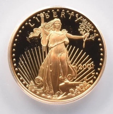 2001-W $10 AMERICAN GOLD EAGLE: 2001-W $10 American Gold Eagle Brand/Mint: None Year: 2001 Fineness: None Denomination: $10 Country of Origin: United States Accessories: None Accessories Notice: When purchasing pre-owned