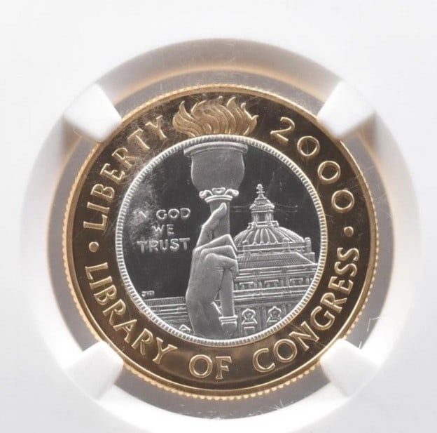 2000-W $10 LIBRARY OF CONGRESS BIMETALLIC COMMEMORATIVE: 2000-W $10 Library Of Congress Bimetallic Commemorative Brand/Mint: None Year: 2000 Fineness: None Denomination: $10 Country of Origin: United States Accessories: None Accessories Notice: