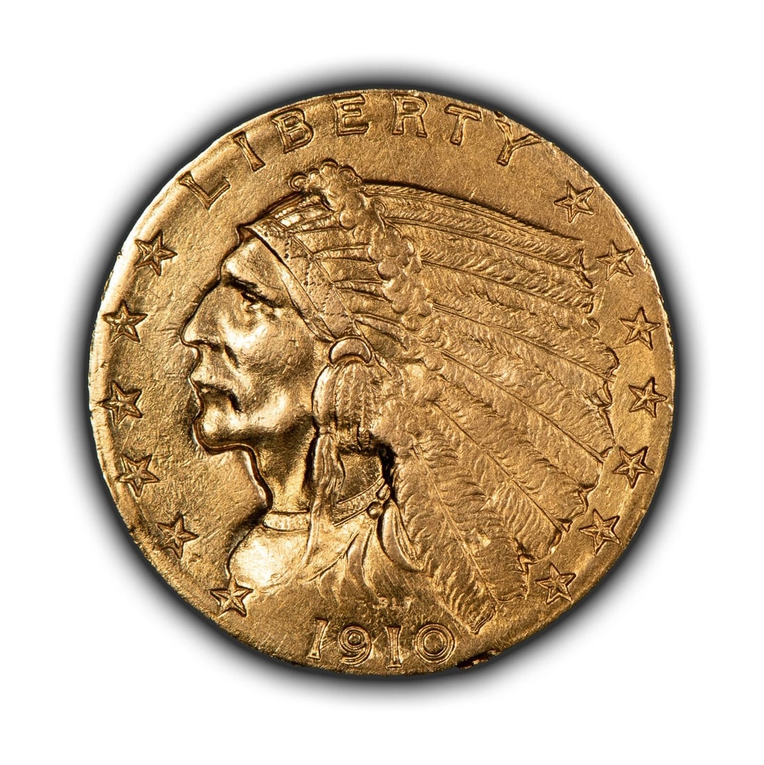 1910 G$2.50 INDIAN HEAD GOLD QUARTER EAGLE: 1910 G$2.50 Indian Head Gold Quarter Eagle Brand/Mint: U.S. Mint Year: 1910 Fineness: 0.9 Country of Origin: United States Accessories: None Accessories Notice: When purchasing pre-owned goods, ple