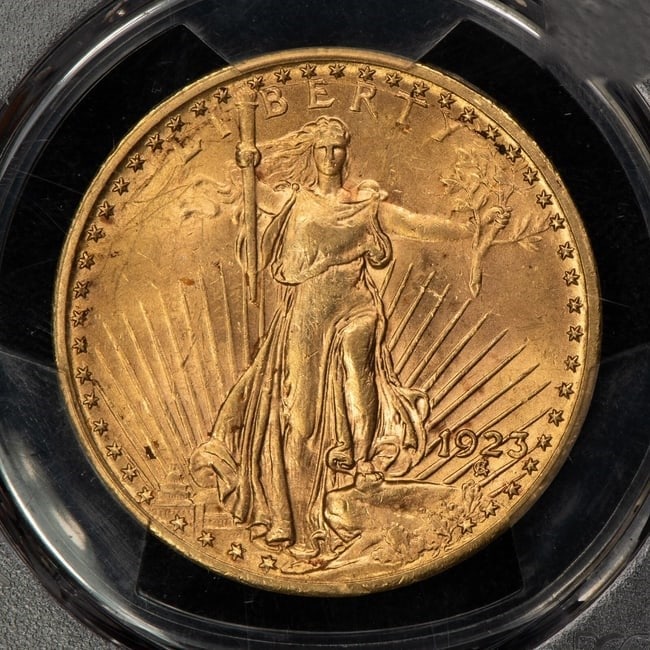 1923 $20 SAINT-GAUDENS GOLD DOUBLE EAGLE: 1923 $20 Saint-Gaudens Gold Double Eagle Brand/Mint: U.S. Mint Year: 1923 Fineness: 0.9 Country of Origin: United States Accessories: None Accessories Notice: When purchasing pre-owned goods, pleas