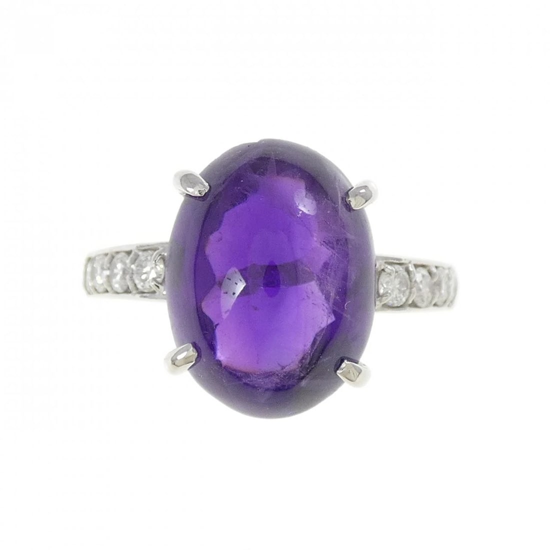 PT900 AMETHYST RING: PT900 Amethyst Ring Brand: Unbranded Type: Amethyst Ring Material: PT900, Main Stone/Creation AmethystSecondary StoneDiamond Color: silver Size: US6 1/4 Accessories: None Accessories Notice: When