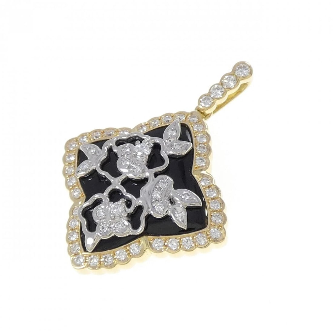 K18YG/PT900 ONYX PENDANT: K18YG/PT900 Onyx Pendant Brand: Unbranded Type: Onyx Pendant/Brooch Material: K18YG/PT900, Main Stone/Creation Onyx Secondary Stone Diamond Color: Yg,Silver Size: Actual Size Approx. length x width: