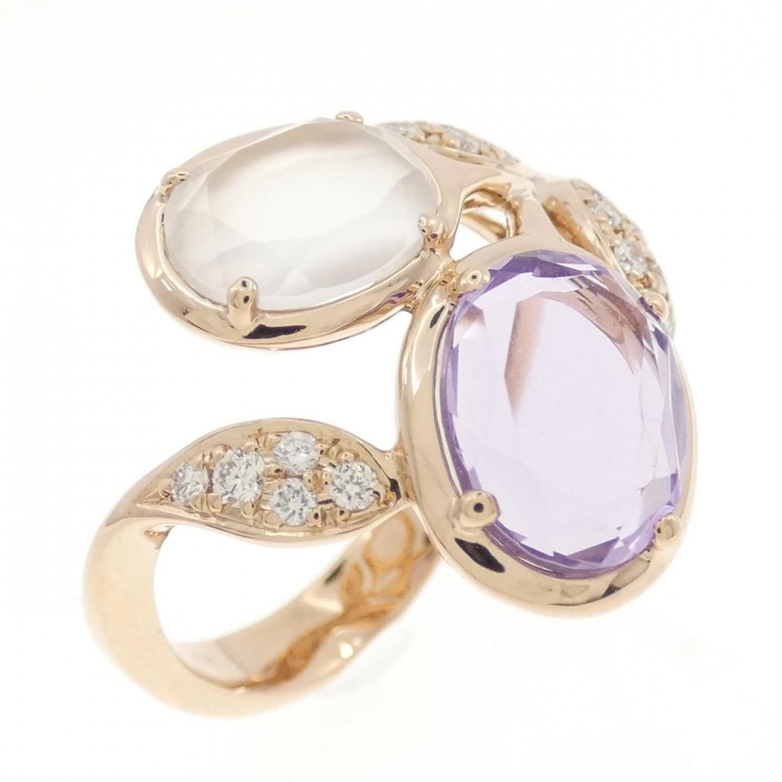 K18PG COLOR STONE RING: K18PG color stone ring Brand: Unbranded Type: Amethyst Ring Material: K18PG, Main Stone/Creation Amethyst Secondary Stone Diamond /Moonstone Color: Pink gold Size: US6 1/4 Accessories: None
