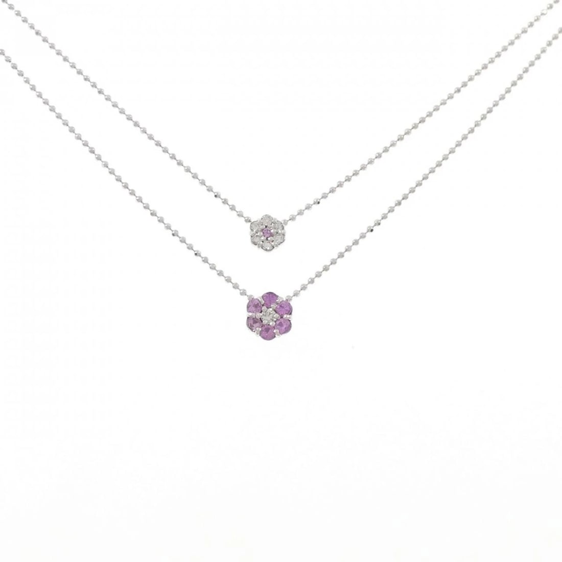 K18WG FLOWER SAPPHIRE NECKLACE: K18WG Flower Sapphire Necklace Brand: Unbranded Type: Sapphire Necklace Material: K18WG, Main Stone/Creation Sapphire Secondary Stone Diamond Color: White Gold Size: 42cm Actual Size Motif (large)