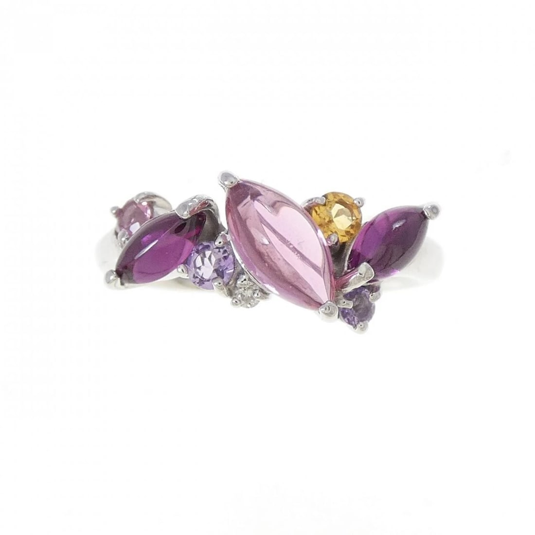 K18WG COLOR STONE RING: K18WG color stone ring Brand: Unbranded Type: Ring Material: K18WG, Main Stone/Creation Tourmaline Secondary Stone Diamond / Garnet / Amethyst / Citrine Color: White Gold Size: US5 3/4 Accessories: