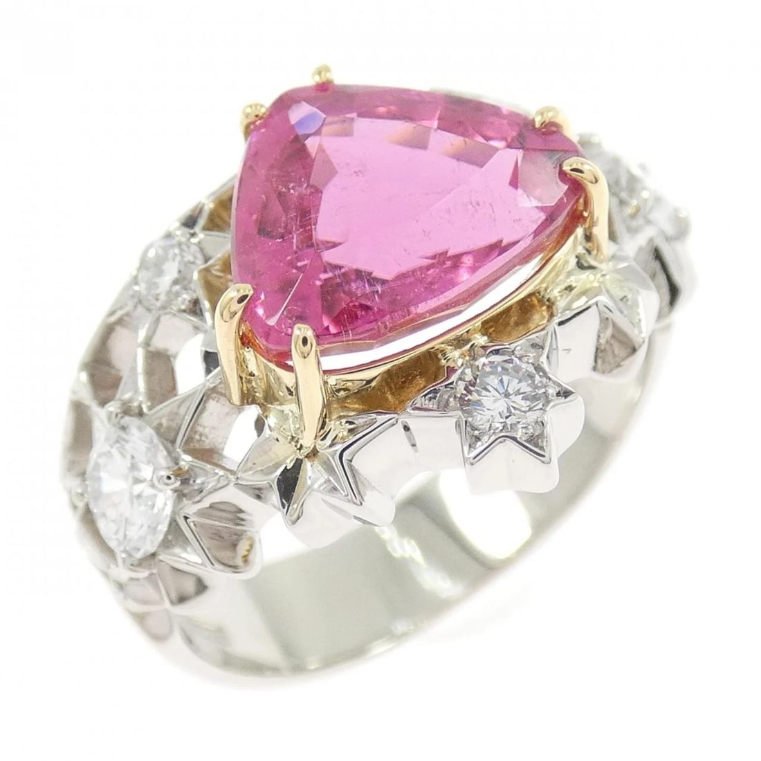 PT900/K18YG TOURMALINE RING: PT900/K18YG Tourmaline Ring Brand: Unbranded Type: Ring Material: PT900/K18YG, Main Stone/Creation Tourmaline Secondary Stone Diamond Color: Silver,YG Size: US6 1/4 Accessories: None Accessories