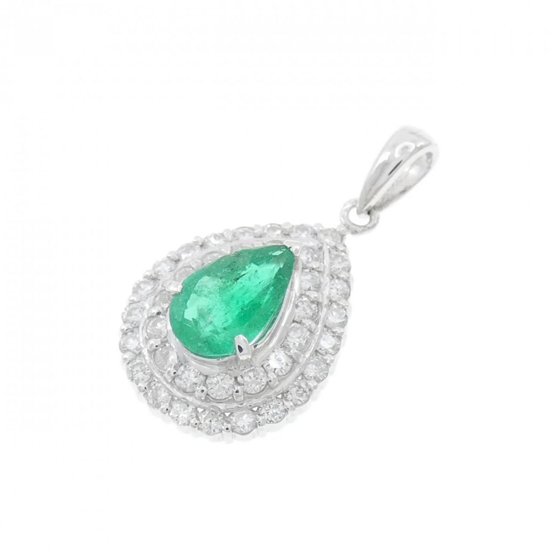 PT900 EMERALD PENDANT: PT900 Emerald Pendant Brand: Unbranded Type: Emerald Pendant/Brooch Material: PT900, Main Stone/Creation EMERALD Secondary Stone Diamond Color: Silver Size: Actual Size Approx. length x width: 23.7mm