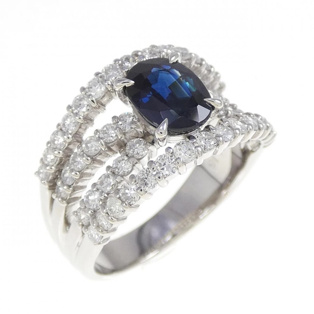 PT900 SAPPHIRE RING: PT900 Sapphire Ring Brand: Unbranded Type: Sapphire Ring Material: PT900, Main Stone/Creation SAPPHIRE Secondary Stone Diamond Color: Silver Size: US7 Accessories: None Accessories Notice: