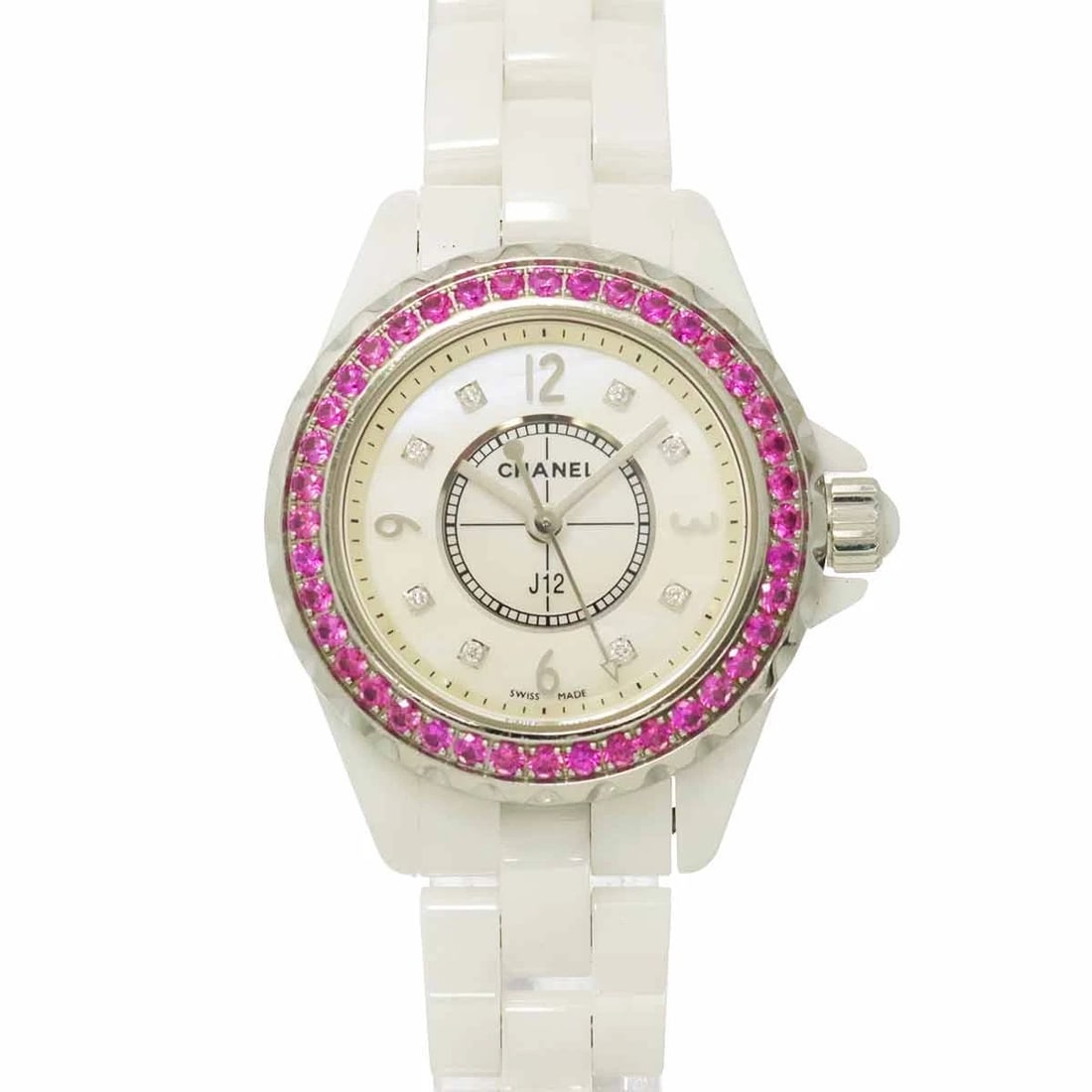 CHANEL J12 PINK SAPPHIRE BEZEL 8P DIAMOND WHITE DIAL WATCH: CHANEL J12 Pink Sapphire Bezel 8P Diamond White Dial Watch Brand: CHANEL Type: Wristwatch Material: Case:Ceramic,Stainless steel Bracelet:Ceramic,Stainless steel Color: Dial color White Shell Size: Ca