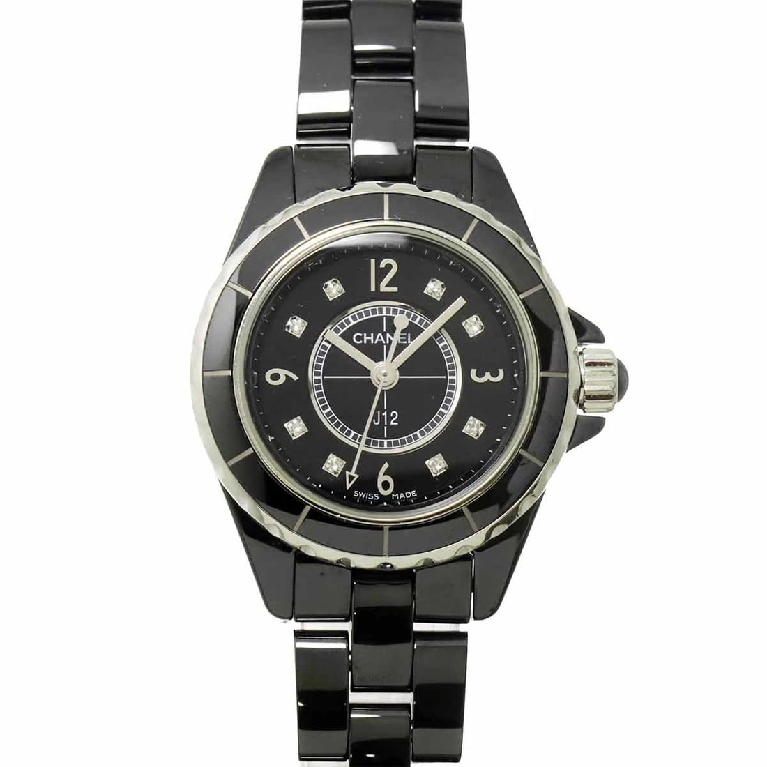 CHANEL J12 8P DIAMOND QUARTZ BLACK DIAL LADIES WATCH: CHANEL J12 8P Diamond Quartz Black Dial Ladies Watch Brand: CHANEL Type: Wristwatch Material: Case:Stainless steel,Ceramic Bracelet:Stainless steel,Ceramic Color: Dial color Black Size: CaseSize Lengt