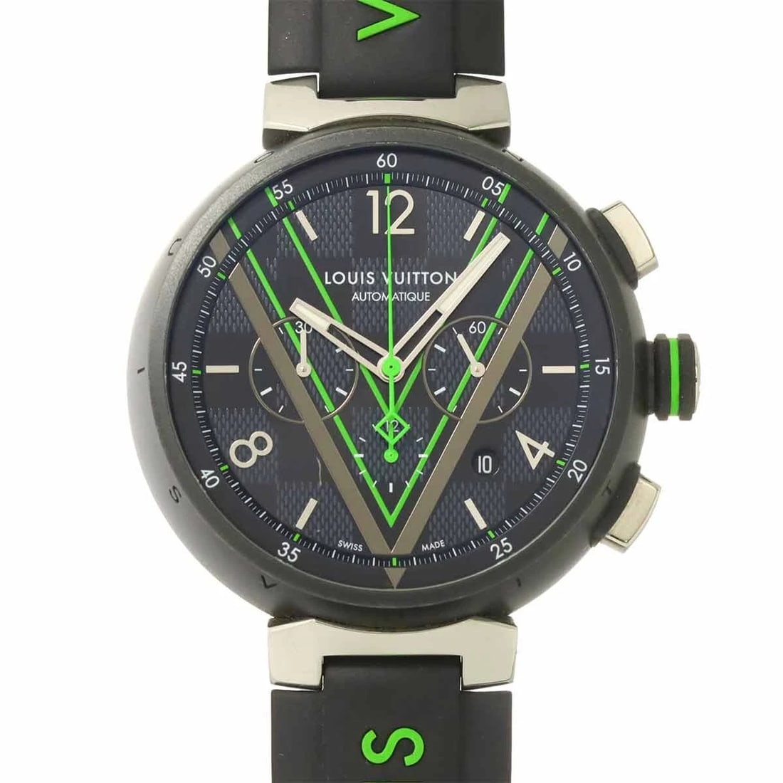LOUIS VUITTON TAMBOUR AUTOMATIC CHRONOGRAPH WATCH: LOUIS VUITTON Tambour Automatic Chronograph Watch Brand: LOUIS VUITTON Type: Wristwatch Material: Case:Stainless steel/PVD Bracelet:Rubber Color: Dial color None Size: CaseSize Length 54mm(included la