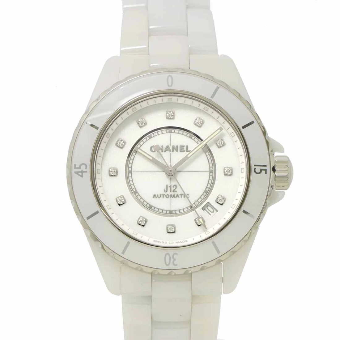 CHANEL J12 DATE AUTOMATIC WHITE DIAL WATCH: CHANEL J12 Date Automatic White Dial Watch Brand: CHANEL Type: Wristwatch Material: Case:Stainless steel,Ceramic Bracelet:Stainless steel,Ceramic Color: Dial color White Size: CaseSize Length 45mm(inc