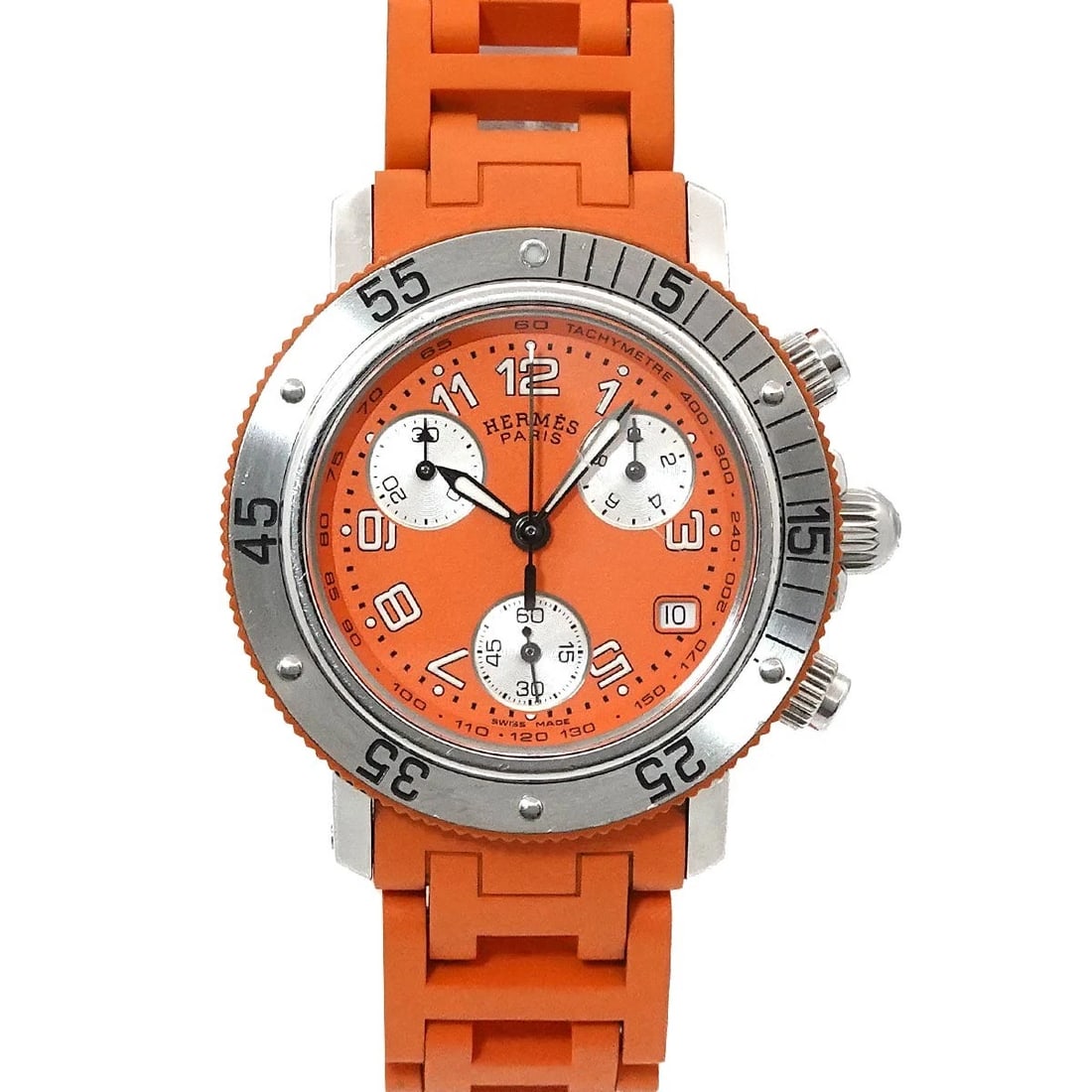 HERMES CLIPPER DIVER QUARTZ DATE ORANGE DIAL WATCH: HERMES Clipper Diver Quartz Date Orange Dial Watch Brand: HERMES Type: Wristwatch Material: Case:Stainless steel Bracelet:Rubber,Stainless steel Color: Dial color Orange Size: CaseSize Length 38mm(inc