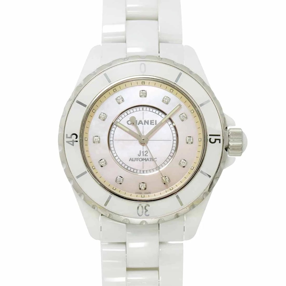CHANEL DIAMOND PINK DIAL WATCH: CHANEL Diamond Pink Dial Watch Brand: CHANEL Type: Wristwatch Material: Case:Ceramic,Stainless steel Bracelet:Ceramic,Stainless steel Color: Dial color Pink Shell Size: CaseSize Length 45mm(included l