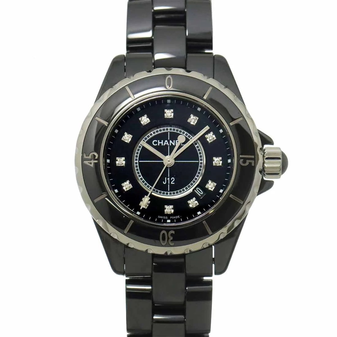 CHANEL DIAMOND QUARTZ BLACK DIAL WATCH: CHANEL Diamond Quartz Black Dial Watch Brand: CHANEL Type: Wristwatch Material: Case:Stainless steel,Ceramic Bracelet:Stainless steel,Ceramic Color: Dial color Black Size: CaseSize Length 40mm(include