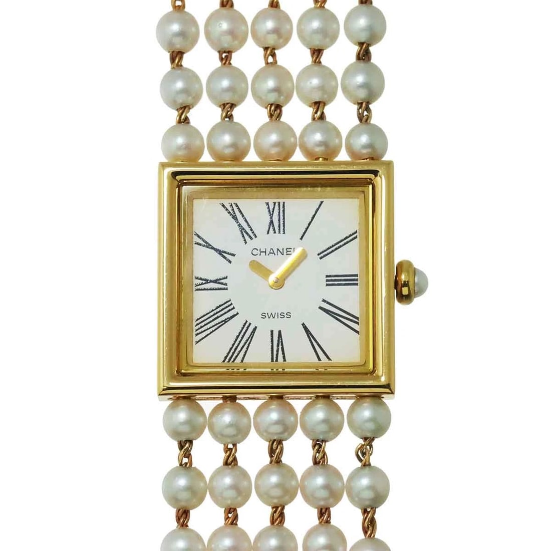 CHANEL MADEMOISELLE PEARL BRACELET 750 YG WHITE DIAL WATCH: CHANEL Mademoiselle Pearl Bracelet 750 YG White Dial Watch Brand: CHANEL Type: Wristwatch Material: Case:750 Yellow Gold Bracelet:Pearl,750 Yellow Gold Color: Dial color White Size: CaseSize Length 22