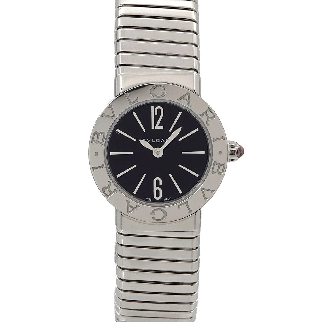 BVLGARI TUBOGAS QUARTZ BLACK DIAL LADIES WATCH: BVLGARI Tubogas Quartz Black Dial Ladies Watch Brand: BVLGARI Type: Wristwatch Material: Case:Stainless steel Bracelet:Stainless steel Color: Dial color Black Size: CaseSize Length 30mm(included lag) 