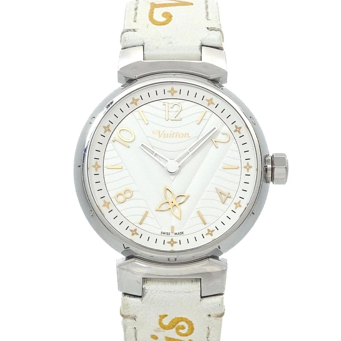 LOUIS VUITTON TAMBOUR NEW WAVE MM QUARTZ LADIES WATCH: LOUIS VUITTON Tambour New Wave MM Quartz Ladies Watch Brand: LOUIS VUITTON Type: Wristwatch Material: Case:Stainless steel Bracelet:Leather Color: Dial color White Size: CaseSize Length 43mm(included