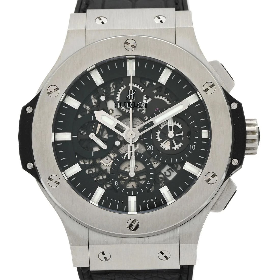 HUBLOT BIG BANG AERO BANG STEEL WATCH: Hublot Big Bang Aero Bang Steel Watch Brand: HUBLOT Type: Wrist watch Material: Case: Stainless Steel Bracelet: Strap Color: Dial Color: Skeleton, Black Band color: Black Size: Case diameter: Approx. 