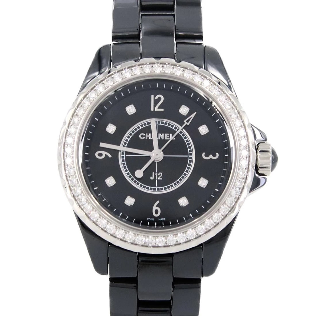 CHANEL J12 CERAMIC QUARTZ WATCH: Chanel J12 Ceramic Quartz Watch Brand: CHANEL Type: Wrist watch Material: Case: Ceramic Bracelet: Ceramic Color: Dial Color: Black/Diamond Size: Case diameter: Approx. 33 mm Max wrist circumference: 1