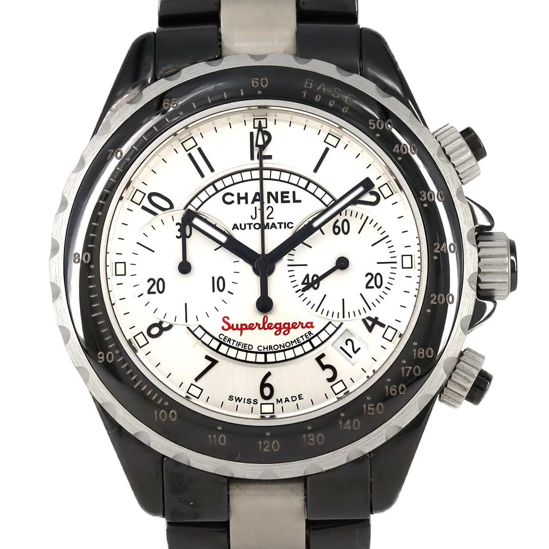 CHANEL J12 SUPERLEGGERA CHRONOGRAPH WATCH: Chanel J12 Superleggera Chronograph Watch Brand: CHANEL Type: Wrist watch Material: Case: Ceramic x Aluminum Breath: Ceramic x Aluminum Color: Dial color silver Size: Case diameter: Approx. 41 mm Max 