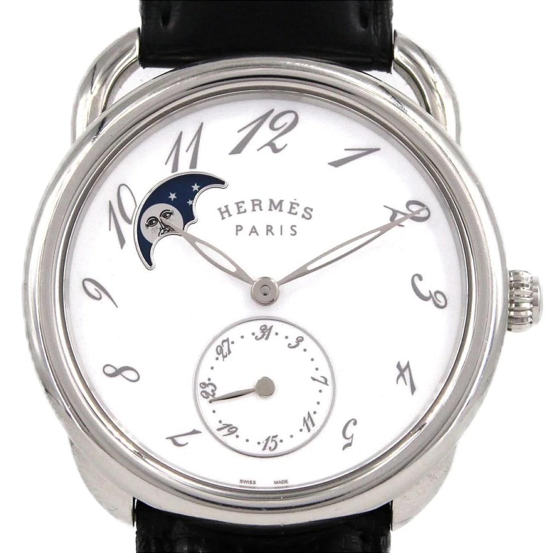 HERMES ARCEAU PETITE LUENNE MOONPHASE WATCH: Hermes Arceau Petite Luenne Moonphase Watch Brand: HERMES Type: Wrist watch Material: Case: Stainless Steel Bracelet: Strap Color: Dial Color: White/Arabic Band Color: Black Size: Case diameter: Appro
