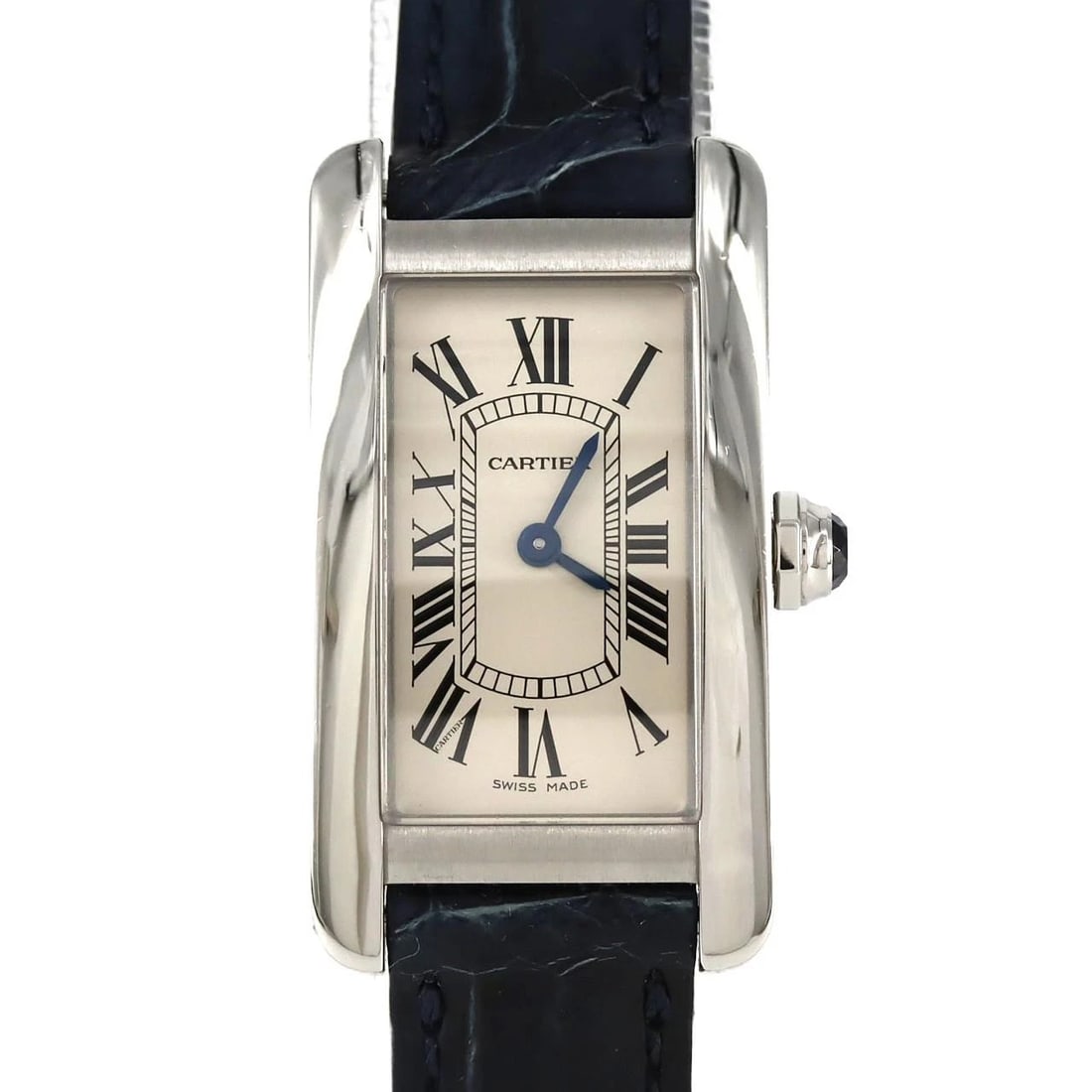 CARTIER TANK AMERICAN STAINLESS STEEL QUARTZ WATCH: Cartier Tank American Stainless Steel Quartz Watch Brand: CARTIER Type: Wrist watch Material: Case: Stainless Steel Bracelet: Strap Color: Dial Color: Silver/Roman Band Color: Blue Size: lCase diamete